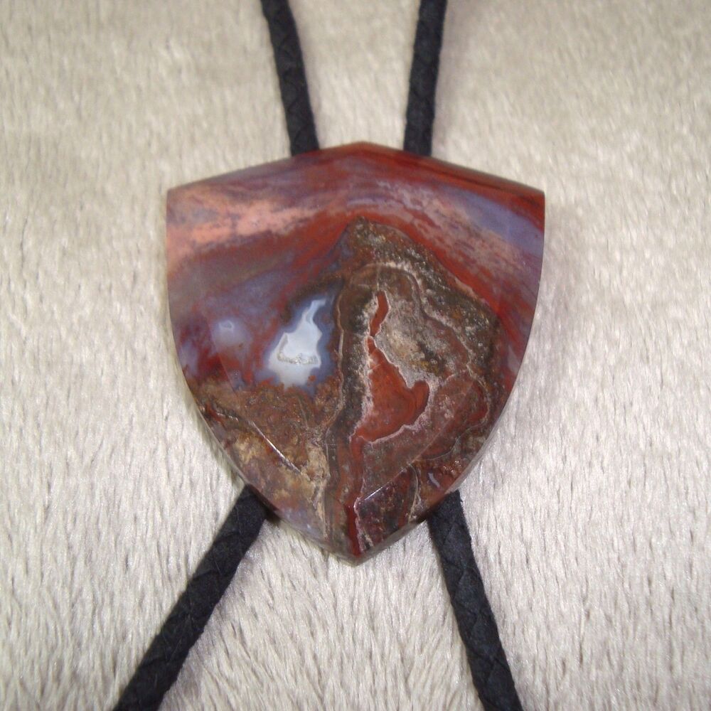 Vintage Beveled Shield Crazy Lace Agate Bolo Tie *ESTATE*